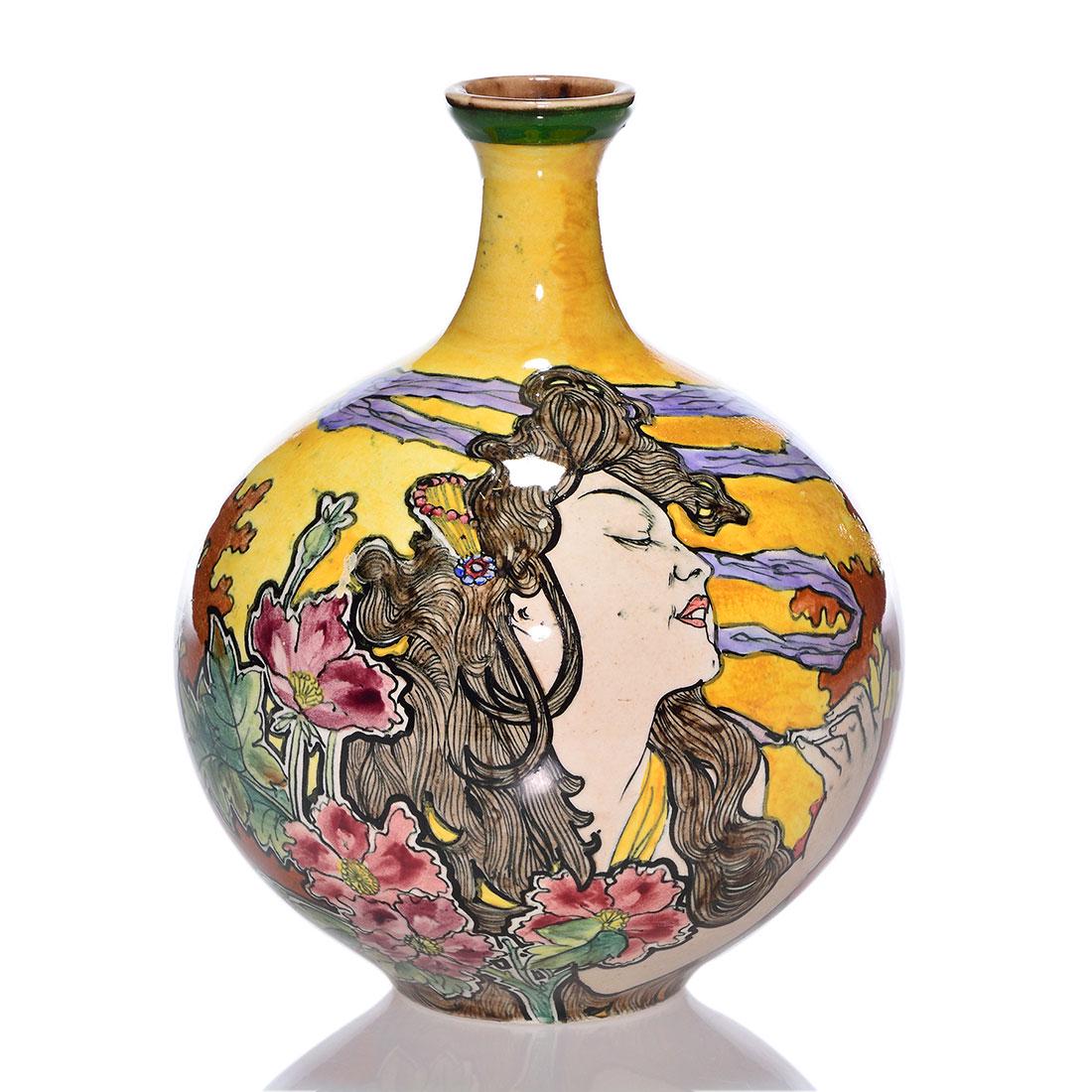 Royal Bonn Art Nouveau vase, lady, woods, 7 1/4”, mark: Royal Bonn Art Nova vase with a fall wooded landscape and the portraiture of a maiden lighting up and red flowers close by. Height 7 1/4 inches. Slip marked Royal Bonn Art Nova, Germany with number no