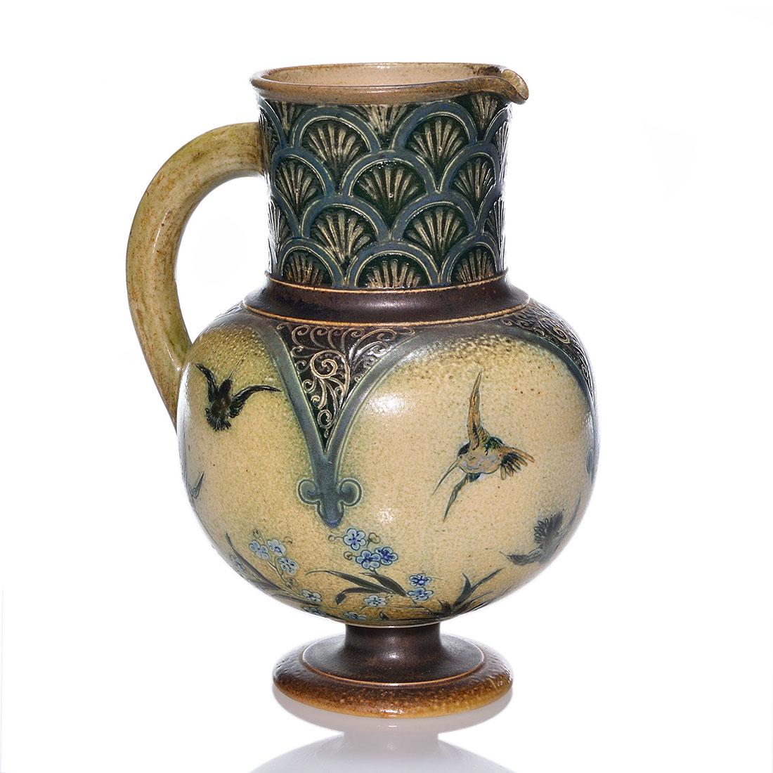 Martin Brothers pitcher, flowers,hummingbirds, 8 3/4" (1 of 2)