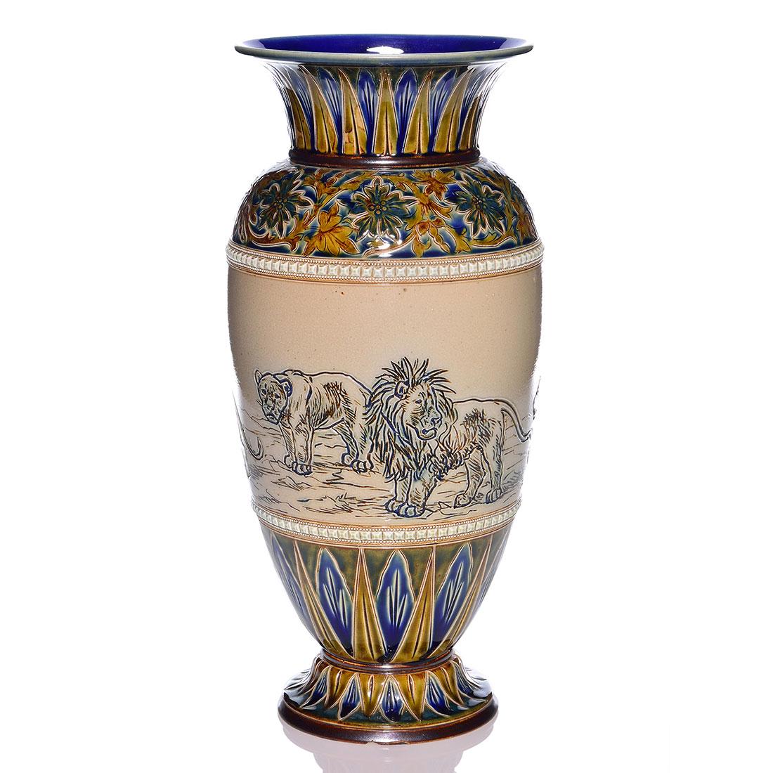 Doulton Lambeth vase, Hannah Barlowe, lions, 1881,15” (1 of 3)