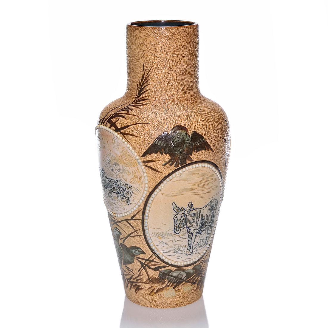 Doulton vase, Barlowe Sisters, donkeys, birds, 11 1/4” (1 of 2)