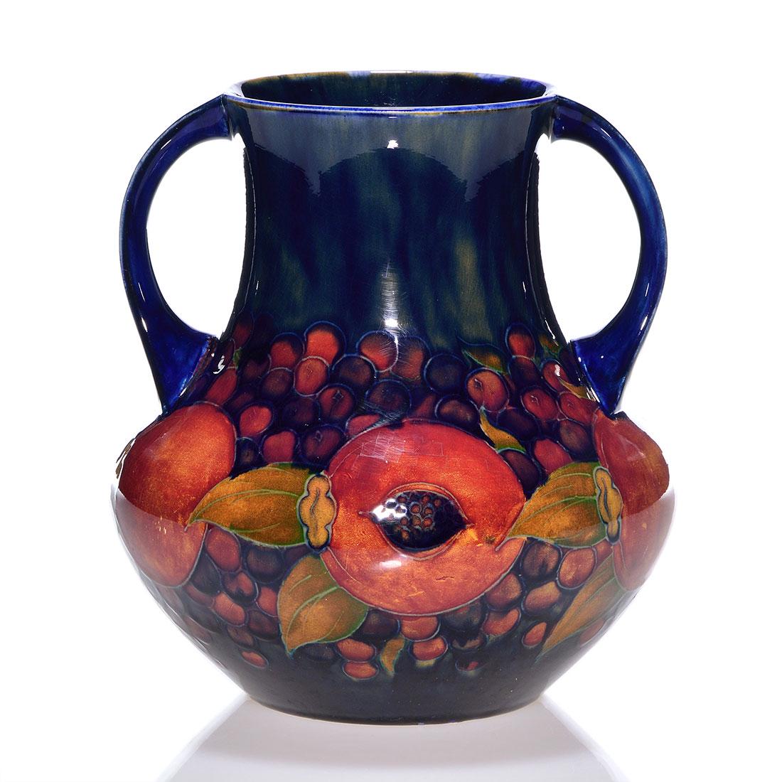 Wm Moorcroft Pomegranate handled vase, 8 1/4", marks (1 of 2)