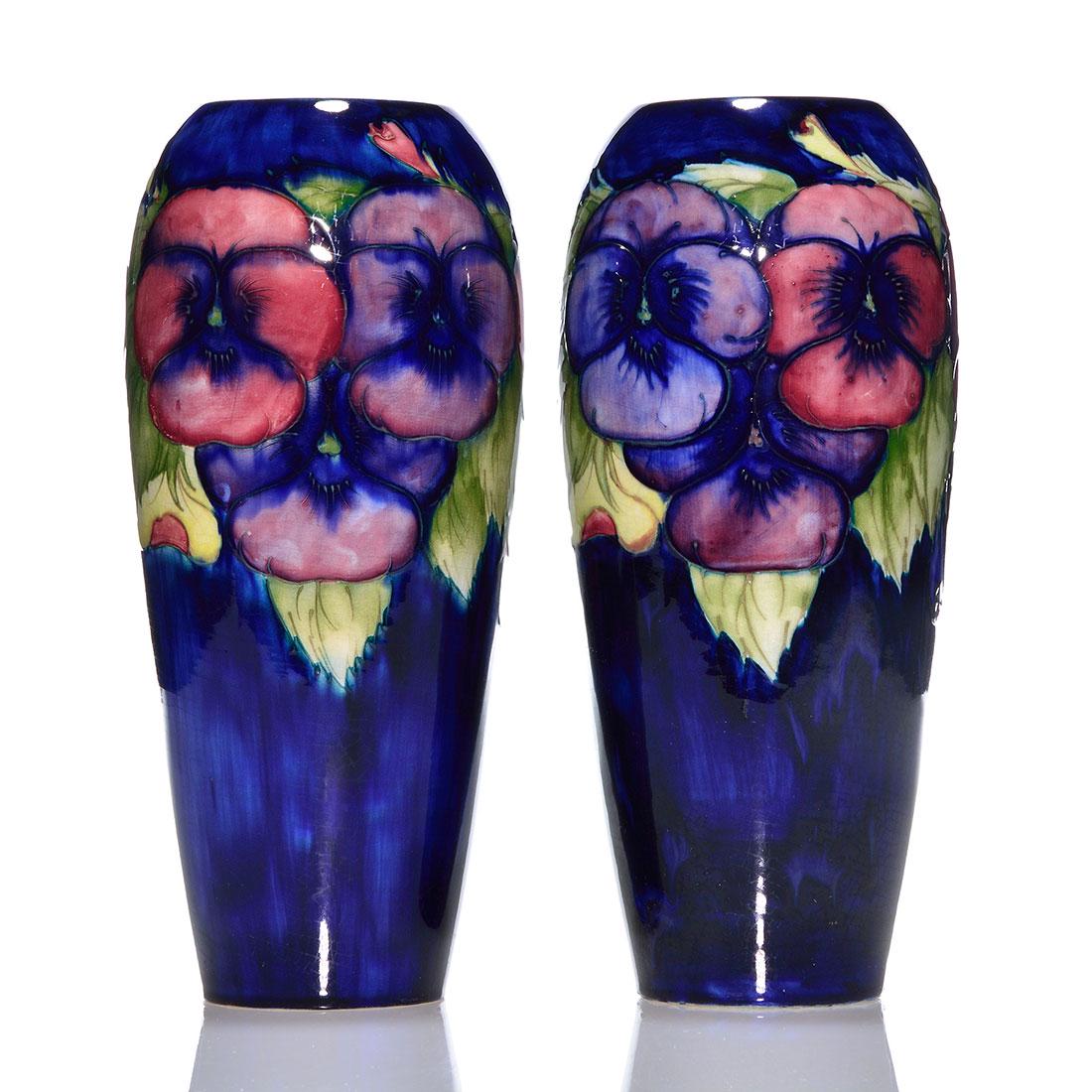 Pair Wm Moorcroft pansy vases, 10 3/8”, marks (1 of 2)