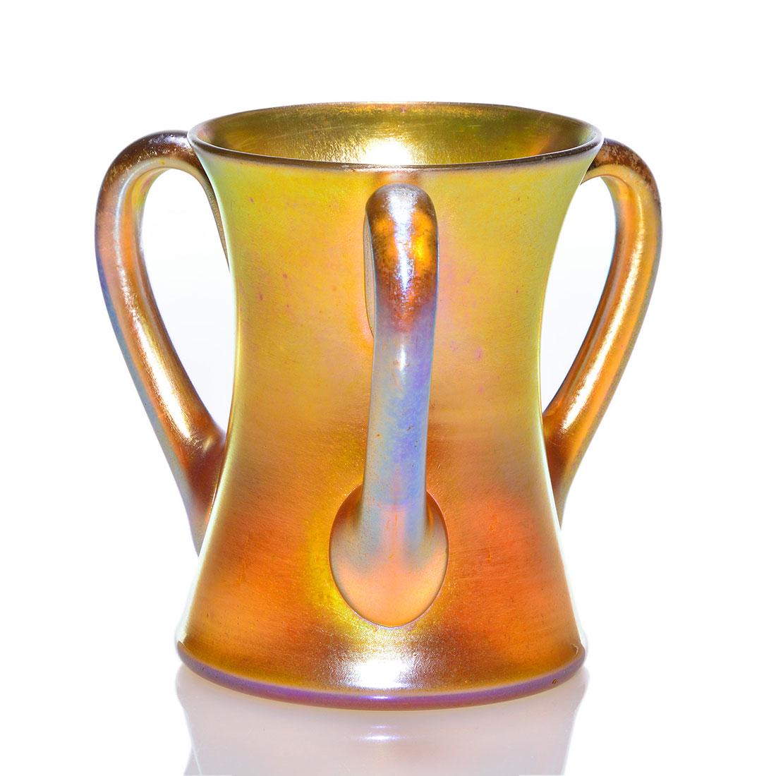 Miniature Tiffany tyg, iridescent gold, 4 3/8”, signed (1 of 2)