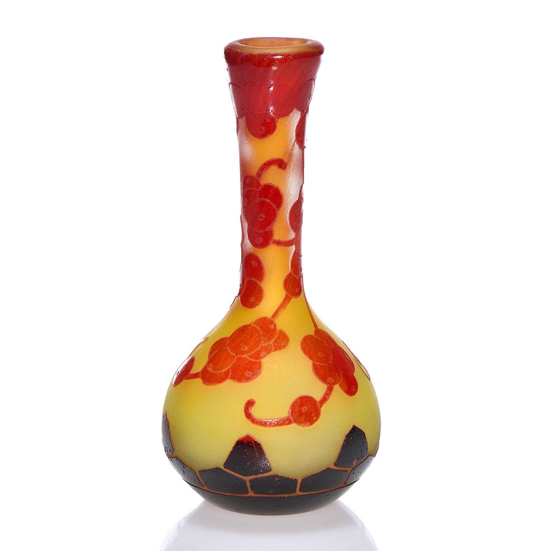 Charder cameo vase, Perliere, 7”, cameo signed: Charder cameo vase with Perliere vines dangling the neck in red orange over frosted citron. Blackened stone work encircles the base. Height is 7 inches. Cameo signed Charder on the side. Excellent con