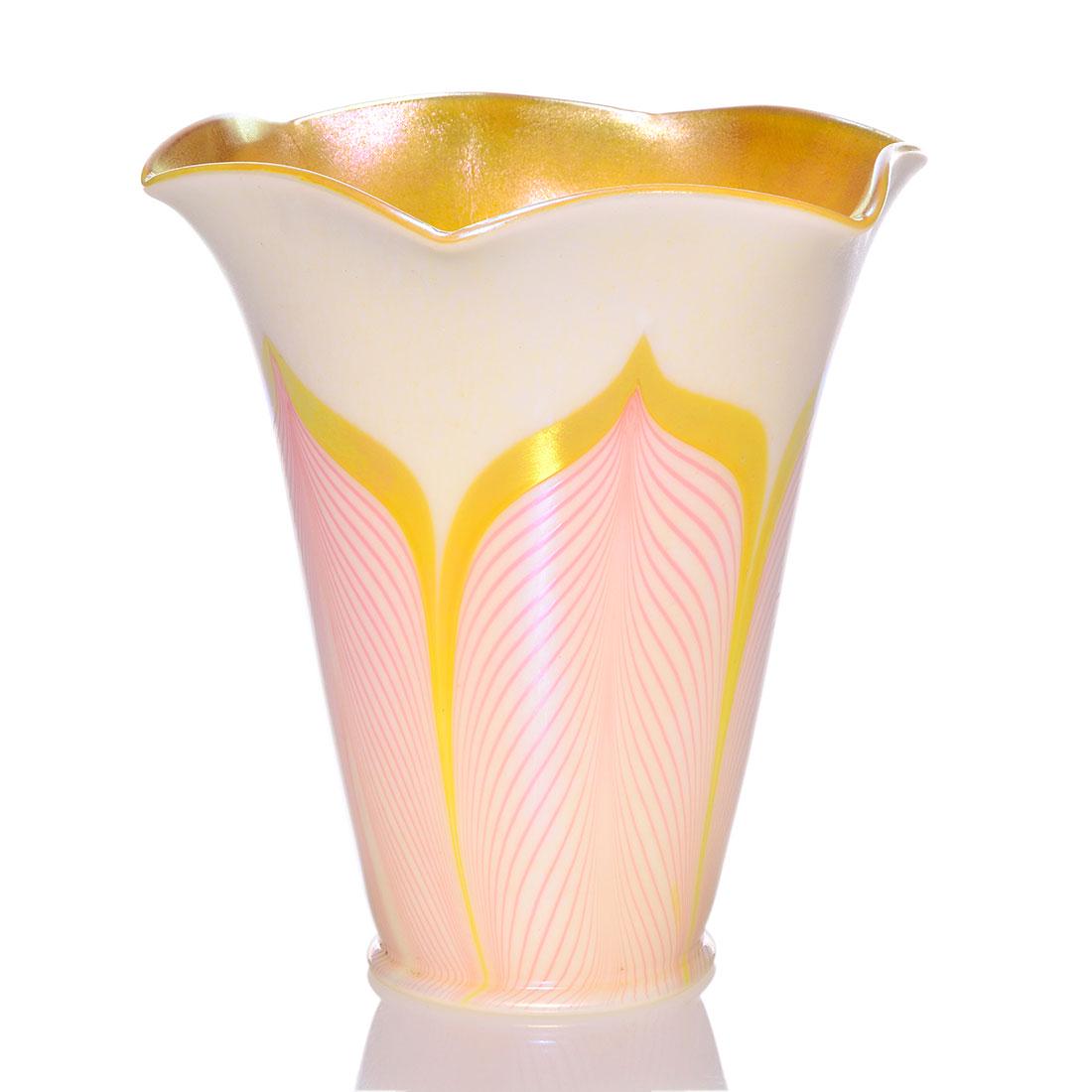 Steuben Calcite shade,red feather,gold border, 5 1/4" (1 of 2)