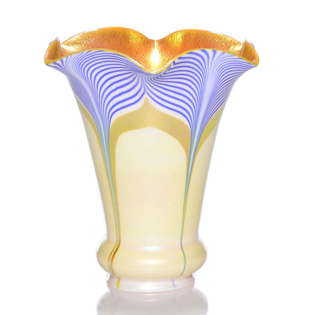 Steuben Calcite shade, blue pull drape, gold trim, 6”, (1 of 2)