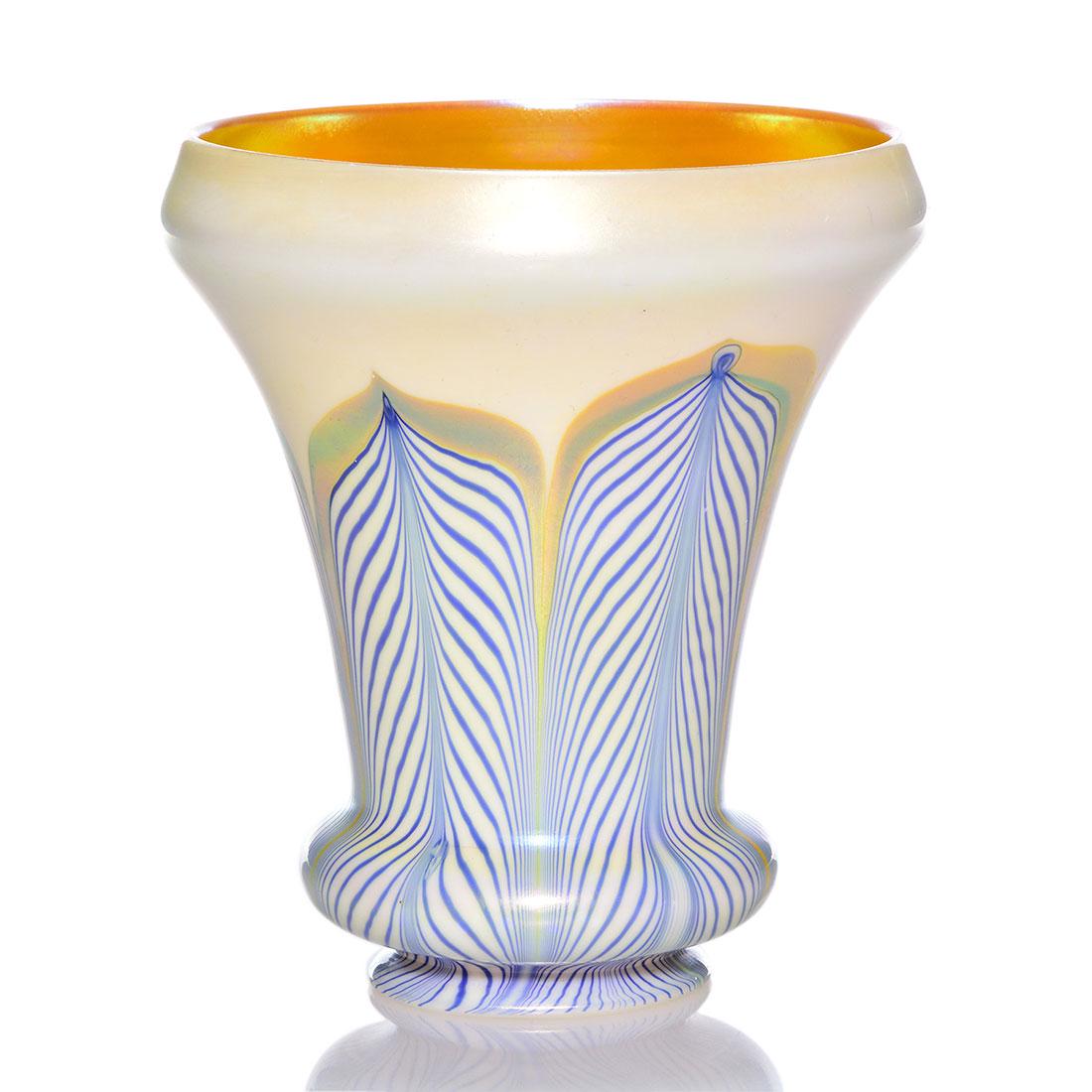 Steuben Calcite shade,blue feather,gold trim, 5 1/4" (1 of 2)