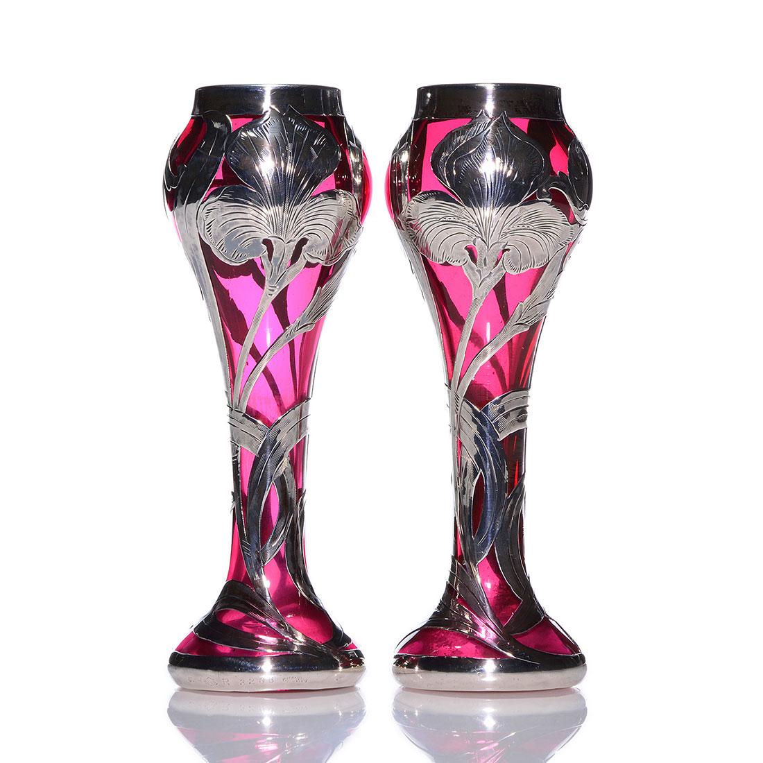 Pr. Alvin silver overlay cranberry bud vases, 6 1/8" (1 of 2)