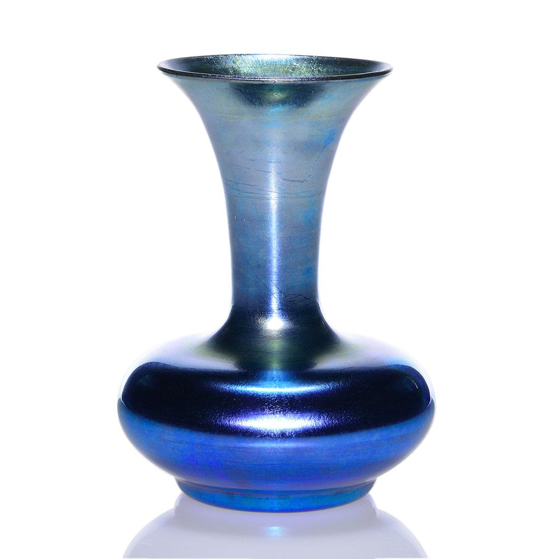 Victor Durand iridescent blue vase, 5 3/4” signed, (1 of 2)