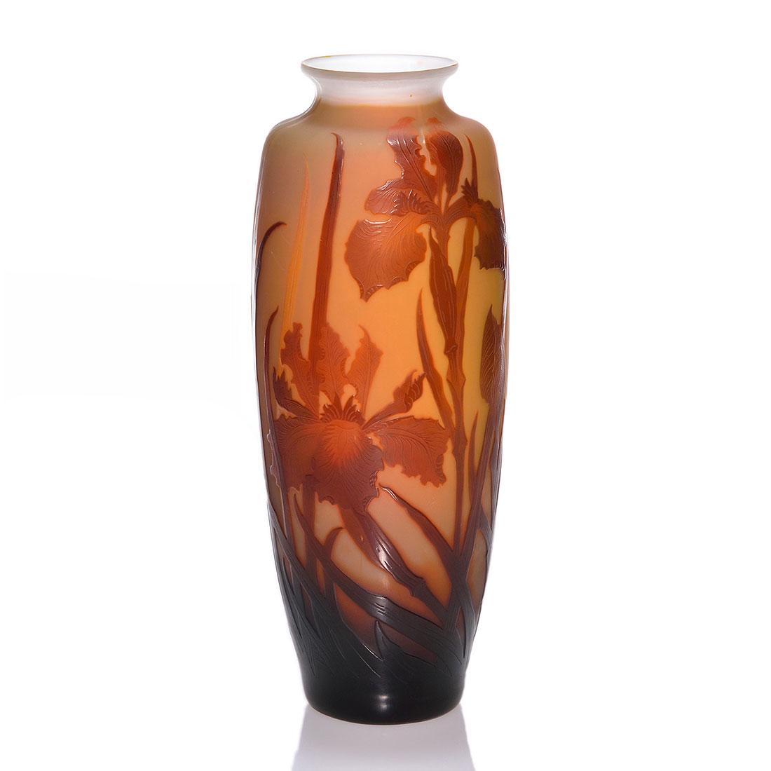 D’Argental cameo vase, irises, 11 1/2”, cameo signed (1 of 2)