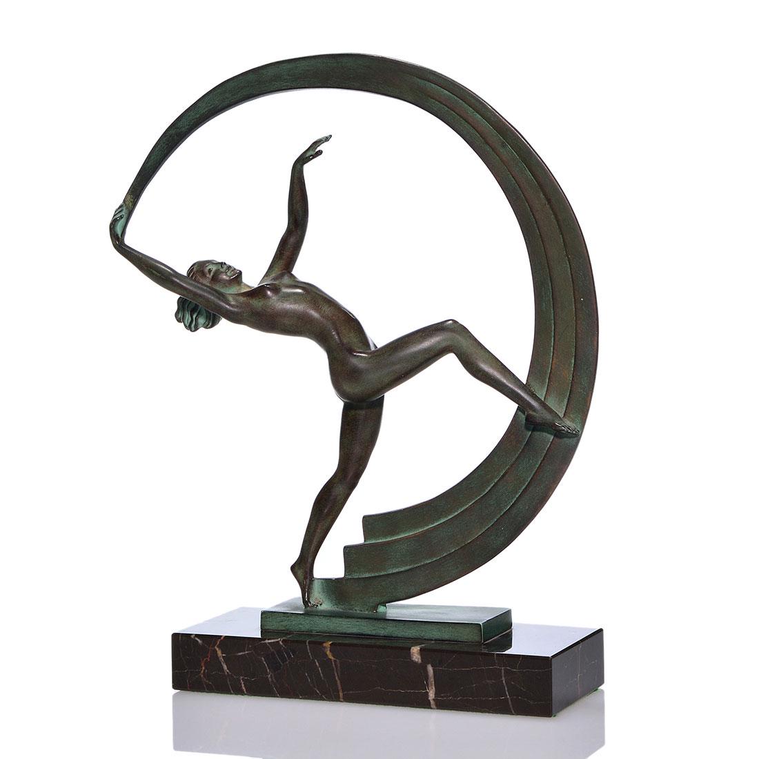 Bronze Nude Scarf Dancer, 12 1/2”, Max Le Verrier: Bronze Art Deco nude scarf dancer marked Janle and having a Max Le Verrier foundry mark fastened onto a 3 inch by 7 3/4 inch marble base. Height is 12 1/2 inches. Graceful with nice patina.