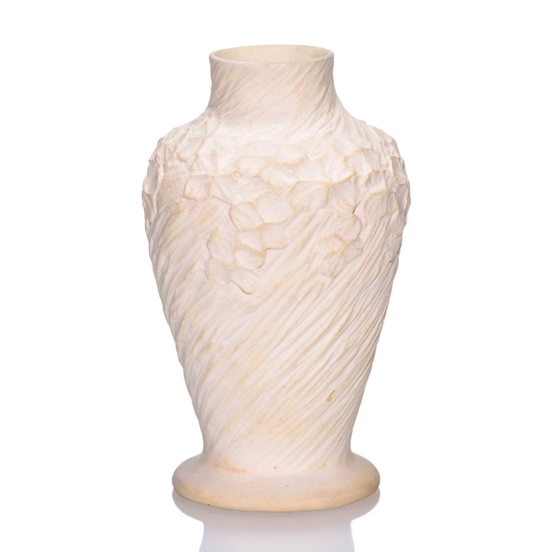 Tiffany Pottery bisque vase, violets, 5”, marked (1 of 2)