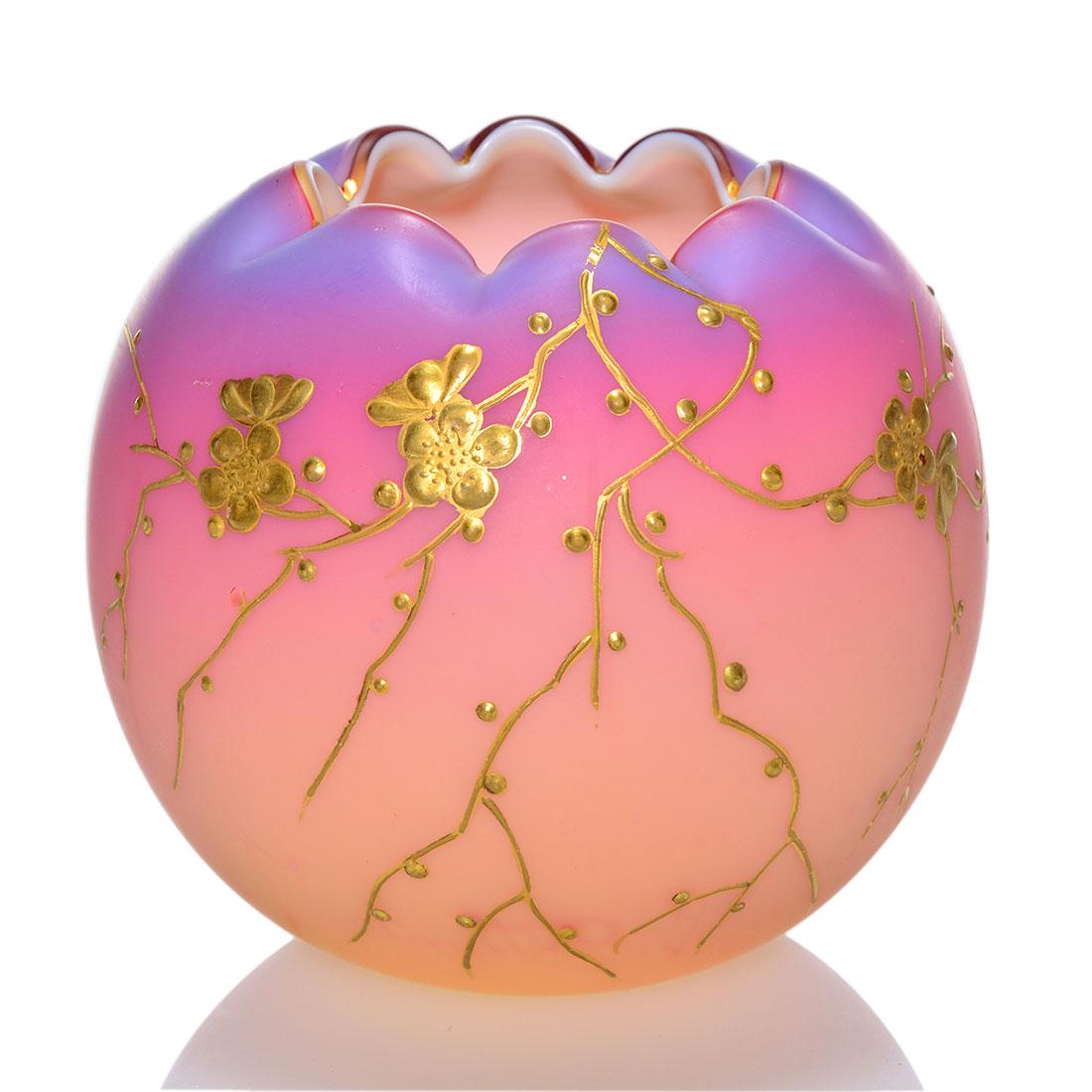 Thomas Webb & Sons Lilac Peachblow rose bowl, 3”: Thomas Webb & Sons Lilac Peachblow rose bowl, hand decorated in raised gold with a honey bee on the back and prunus blossoms on berry vines on the front. Triple cased with a white interior, a Lilac Pe