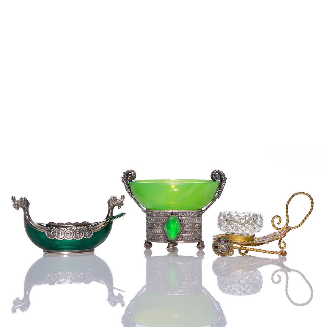 3 salt cellars: Norway Viking, Czech Deco, French: Three salts. 1) Enamel Viking ship marked 925 S, Sterling, Norway, glass insert, 1 3/4 inches by 3 1/2 inches, includes a Sterling Norway marked enamel spoon. 2) Deco green bowl fastened into a silver