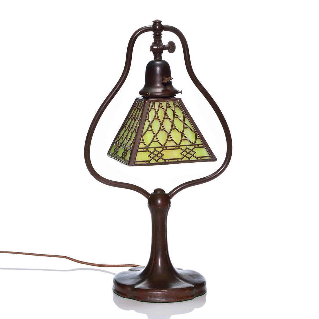 Handel Arts & Crafts harp desk lamp, overlay shade,19"