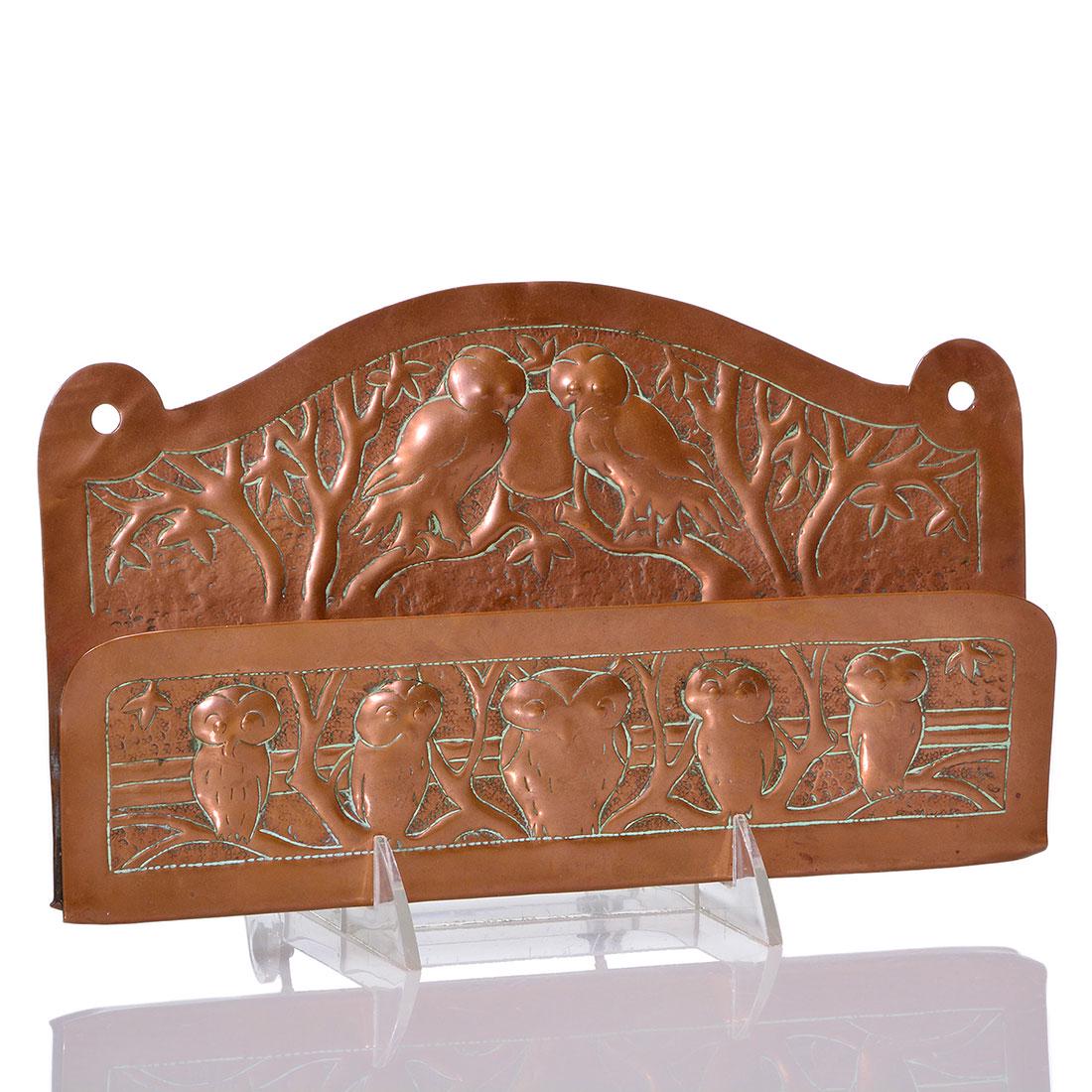 Arts & Crafts copper letter holder,Newlyn? owls,6” x10" (1 of 1)