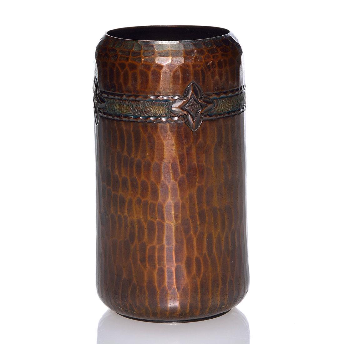 Roycroft hammered copper vase, tooled band, 4 5/8” (1 of 3)