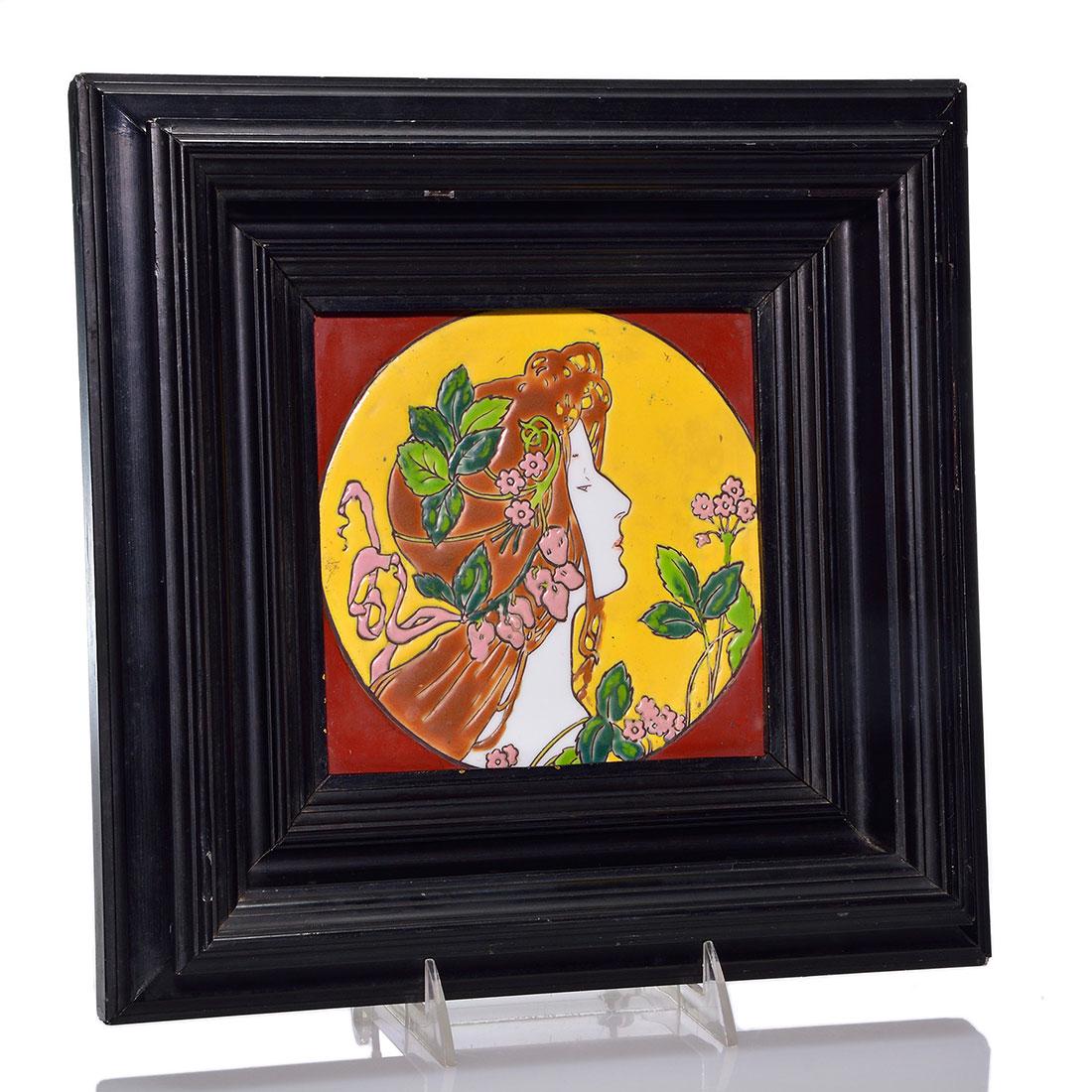 Arts & Crafts glass tile, maiden, enameled, 6 1/4” (1 of 1)