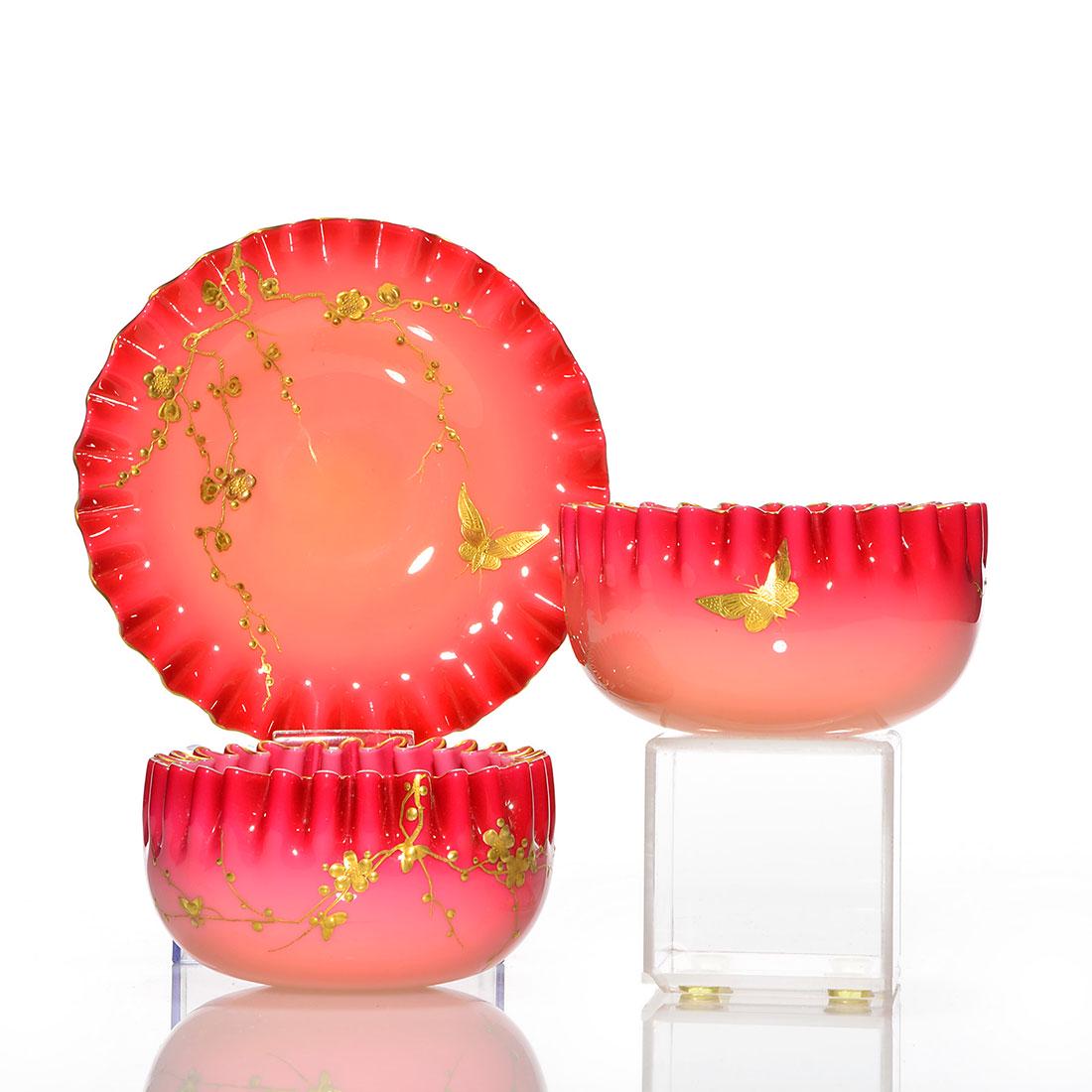 3 Webb Peachblow decorated:pr finger bowls + undertray (1 of 1)