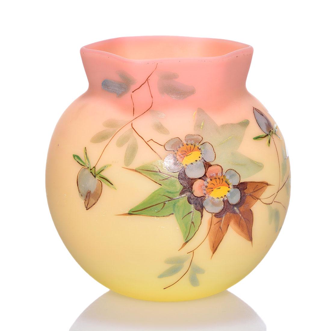 Thomas Webb vase, hexagonal rim, hawthorn, 3 1/4”: Thomas Webb & Sons acid Burmese vase encircled by a flowering hawthorn branch. Hexagonal rim. Measures 3 1/4 inches by 3 1/2 inches. Unmarked. Excellent condition.