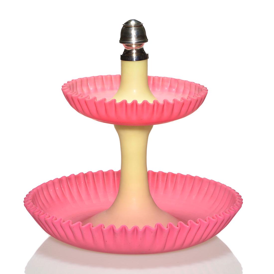 Webb Burmese 2 tier center bowl, crimped, 13” X 12”: Handsome Thomas Webb & Sons Burmese two tier centerpiece featuring two necked bowls measuring 8 inches and 12 1/4 inches across their crimped borders joined by a brass knob and topped with a silver sc