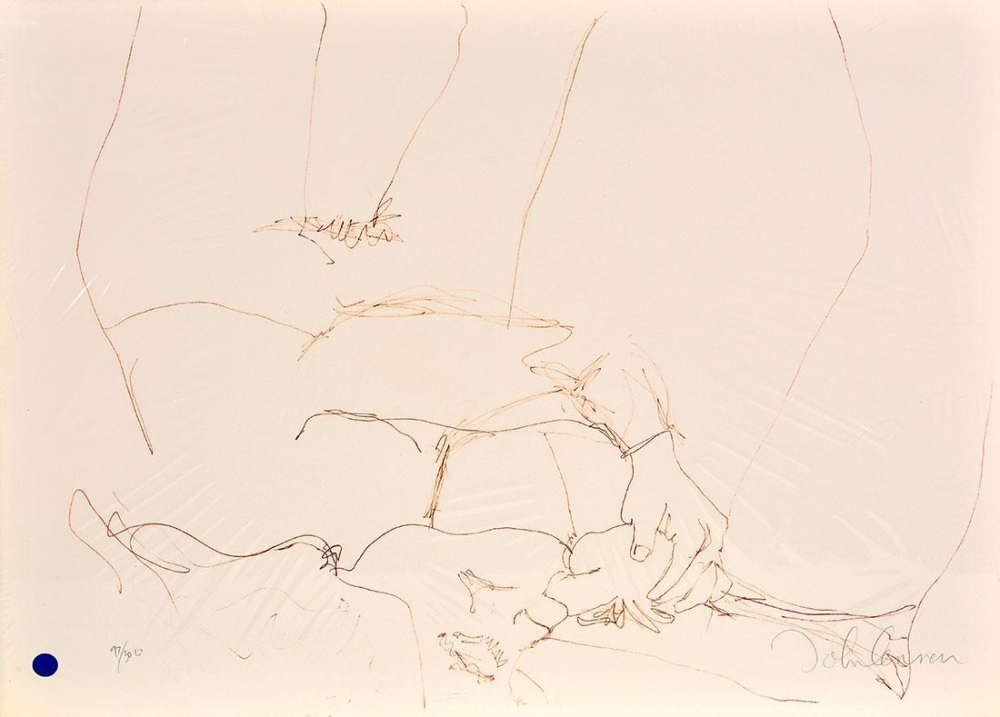 John Lennon lithograph, Erotic No 8, Bag One, 23x30: John Lennon lithograph titled “Erotic No.8” from the Bag One series, this being number 97 out of 300 images. Signed lower right and numbered lower left, the image is one of John and Yoko Ono in an