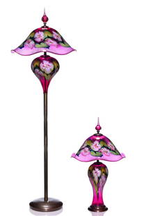 Charles Lotton Fuchsia Multi Flora lamps, table & floor: Charles Lotton Fuchsia Multi Flora floor lamp along with a matching table lamp created in 1990 from the same gather of glass. The imposing floor lamp reaching a height of 70 1/2 inches includes the Fu