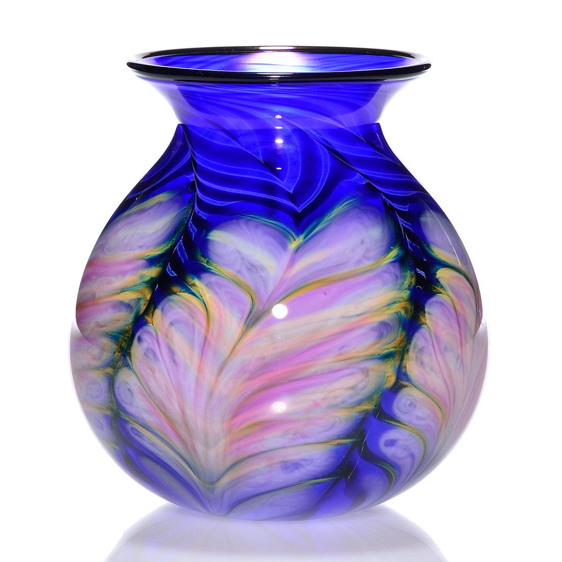 Daniel Lotton cobalt vase, feathers & leaves, 6 3/4”, (1 of 2)