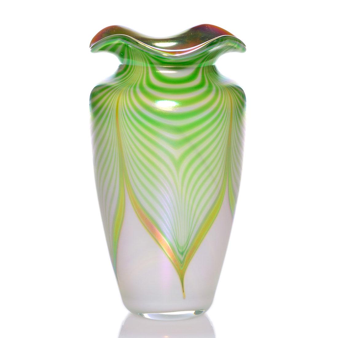 Stuart Abelman vase, pull feather, 8”, signed (1 of 2)