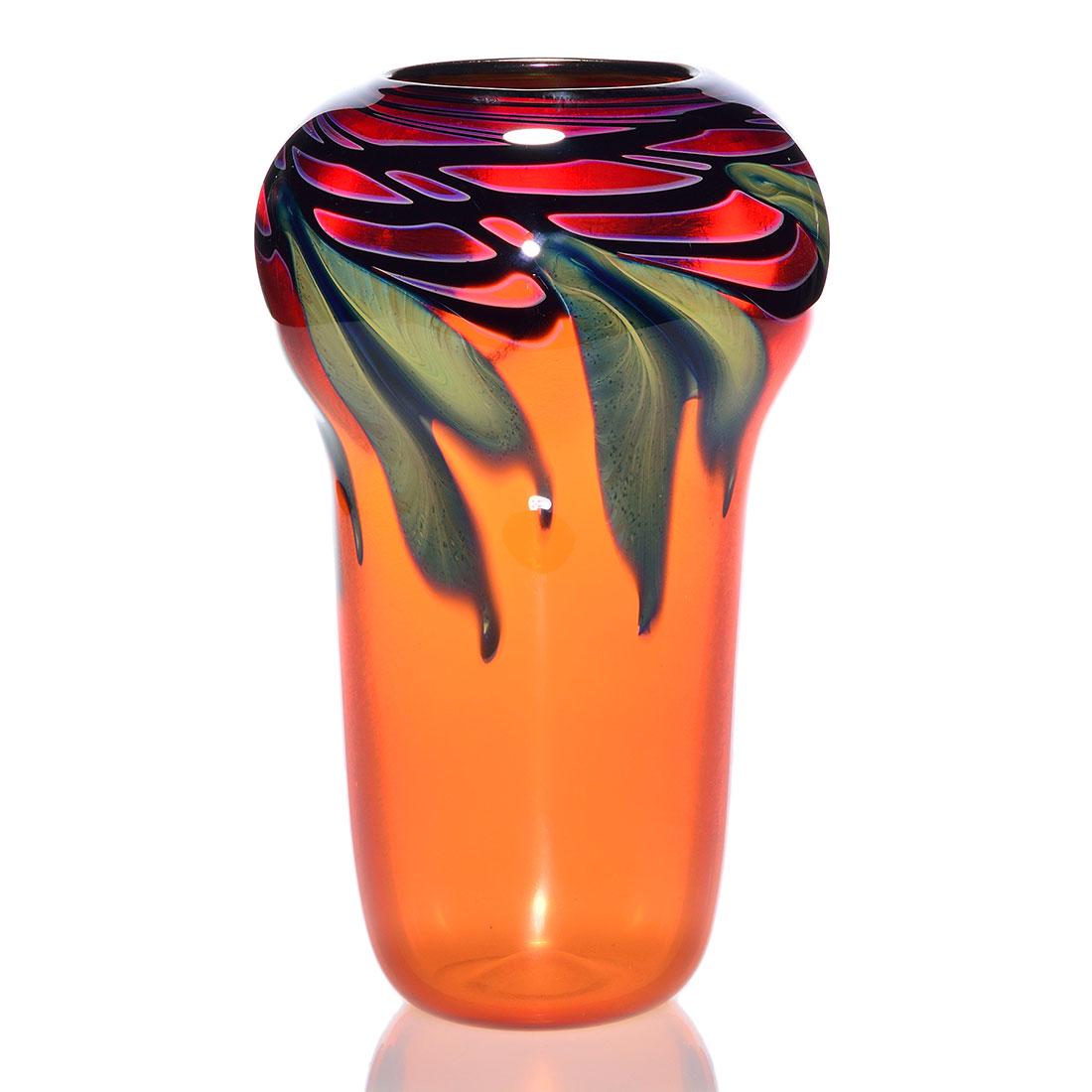 Charles Lotton Split Leaf coral red vase, 10 1/2”, (1 of 2)