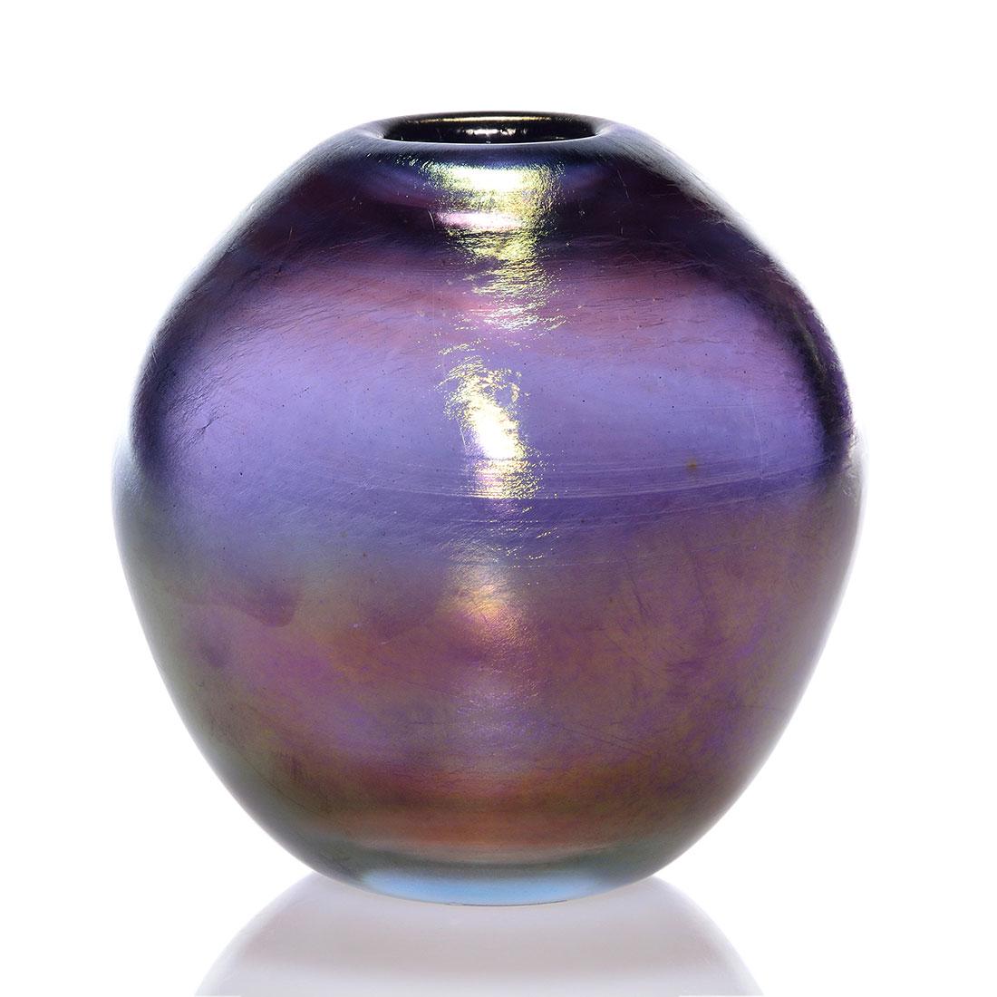 Labino ruby blue iridescent globe vase, 4 3/4”, 1968 (1 of 2)