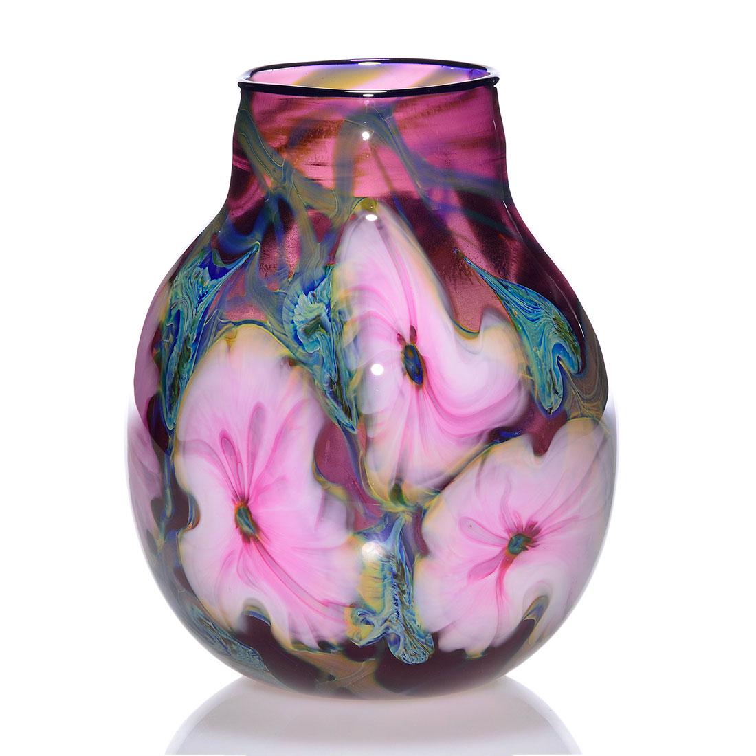 Early Charles Lotton Multi Flora Fuchsia vase, 8”, (1 of 2)