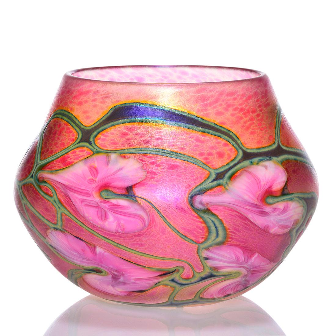 John Lotton Gold Ruby vase, leaves, 5” X 7”, signed, (1 of 2)