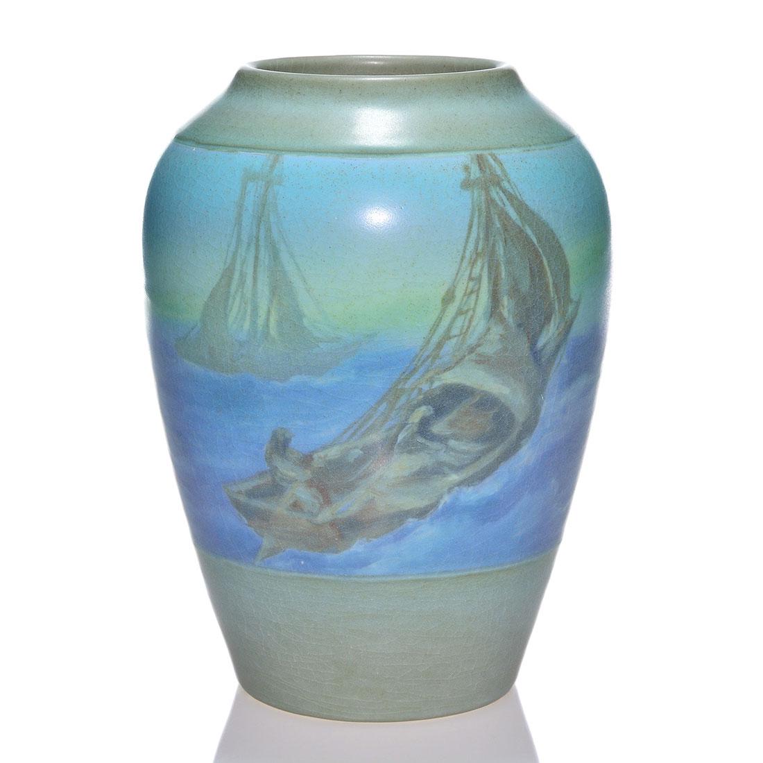 Rookwood Vellum vase, ships, Diers, 1907, 999C, 9 1/8" (1 of 2)