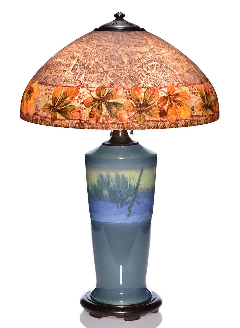 Original Rookwood lamp, 14" Iris vase, 18" Handel shade