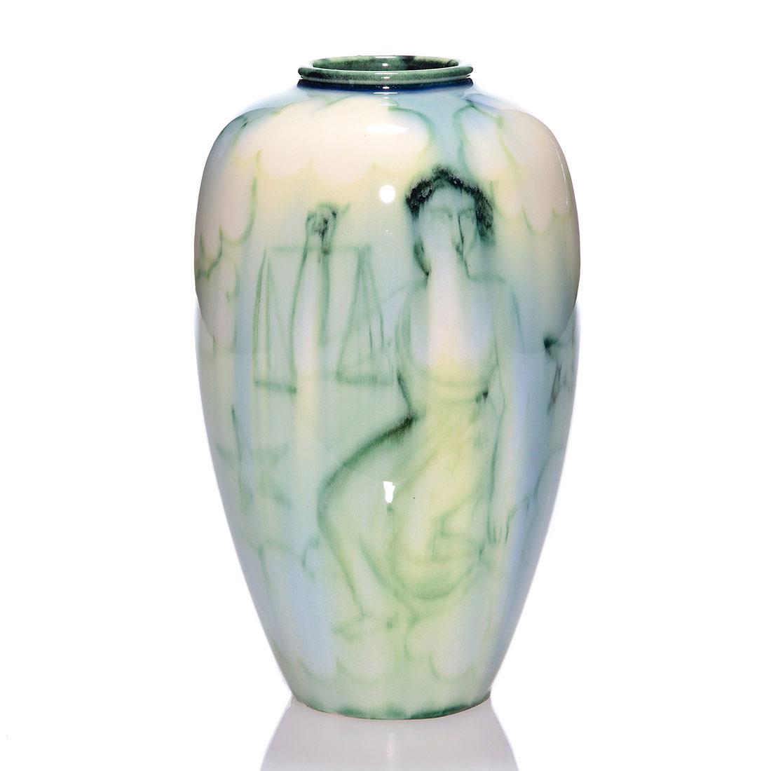 Rookwood Porcelain vase, Jensen, 1944, 6868, 9 1/2": Porcelain vase decorated by Jens Jensen in 1944 having Lady Justice and her scales, a reclining nude, stars, clouds and a cluster of grapes. Marks include the Rookwood logo, date, shape 6868 and Mr. J