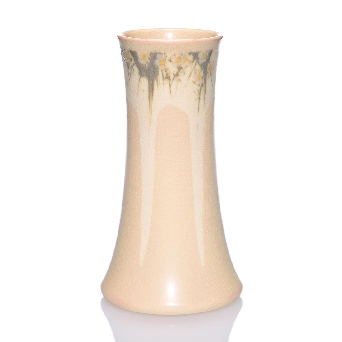 Rookwood Vellum vase, floral, Hurley, 1915, 1358 D, 9": Vellum glaze vase decorated with cherry blossoms against a white and light pink ground painted by E.T. Hurley in 1915. Marks include the Rookwood logo, date, shape 1358 D, an impressed V for Vellum an