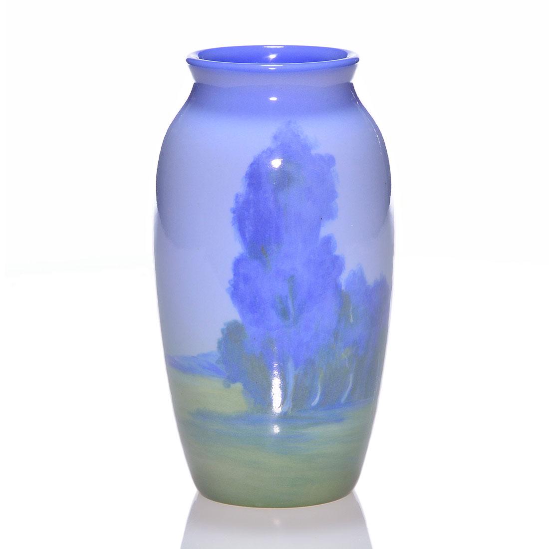 Rookwood Porcelain scenic vase, McDonald, 1941,80C,7": Porcelain scenic vase with clumps of trees in foreground and hills in the distance, painted by Margaret Helen McDonald in 1941. Marks include the Rookwood logo, date, shape 80 C and Ms. McDonald's imp