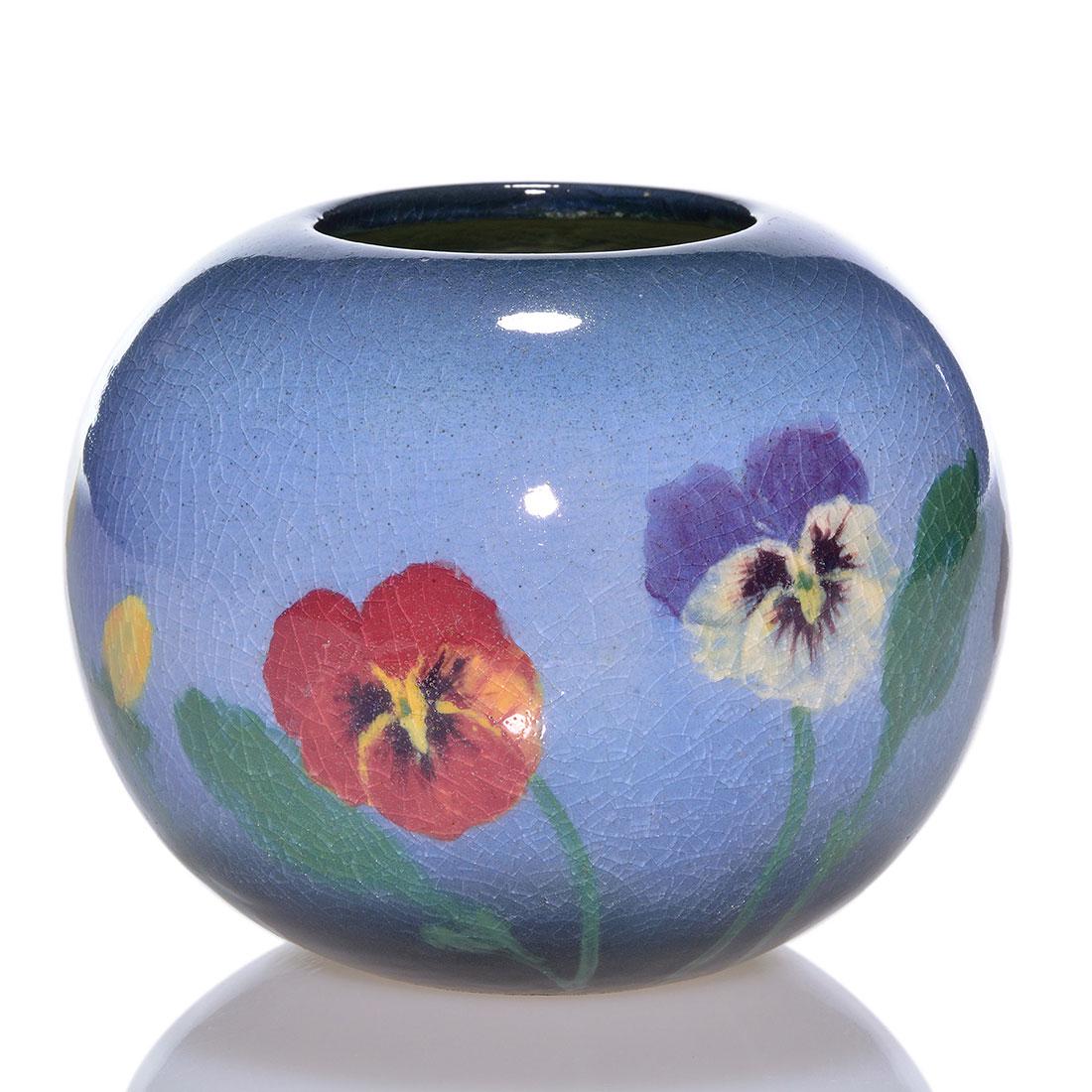 Rookwood Porcelain vase,floral, Hurley 1946, 6199 F, 4": Porcelain vase decorated with pansies painted by E.T. Hurley in 1946. Marks include the Rookwood logo, date, shape 6199 F, and incised with 5190 and Mr. Hurley's monogram. There is fine overall crazin