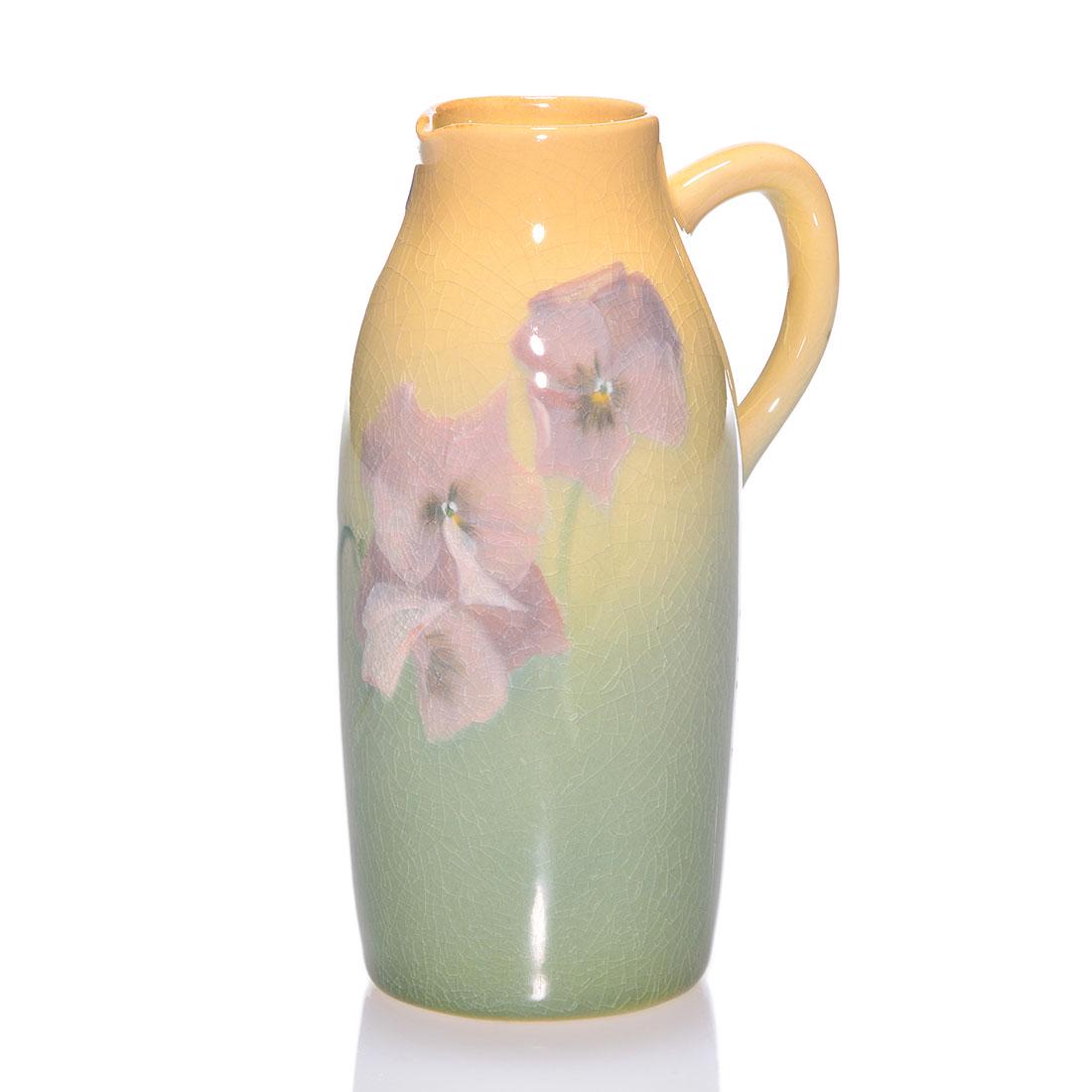 Rookwood Iris glaze cruet, pansies,Sax,1901, 819, 5: Iris glaze cruet decorated with pansies painted by Sara Sax in 1901. Marks include the Rookwood logo, date, shape 819, an incised W for White (Iris) glaze and the artist's incised monogram. There is f