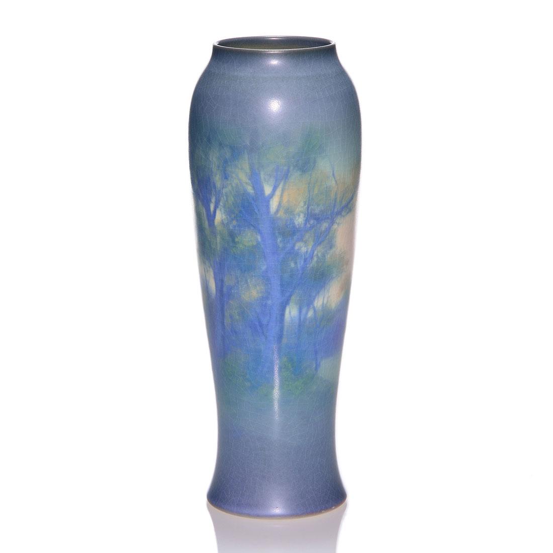 Rookwood Vellum scenic, 11 3/4", ETH, 1922, 2040C: Scenic Vellum vase painted by E.T. Hurley in 1922 with summer trees in a country meadow, their trunks shadowed by the dense foliage. Height 11 3/4 inches. Marks include the Rookwood logo, date, shape