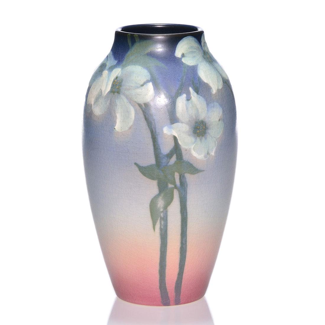 Rookwood Vellum vase, floral, Sax, 1914, 900 C, 8 3/8": Vellum glaze vase decorated with dogwood blossoms painted by Sara Sax in 1914. Marks include the Rookwood logo, date, shape 900 C, an impressed V for Vellum, an incised V for Vellum glaze and the arti