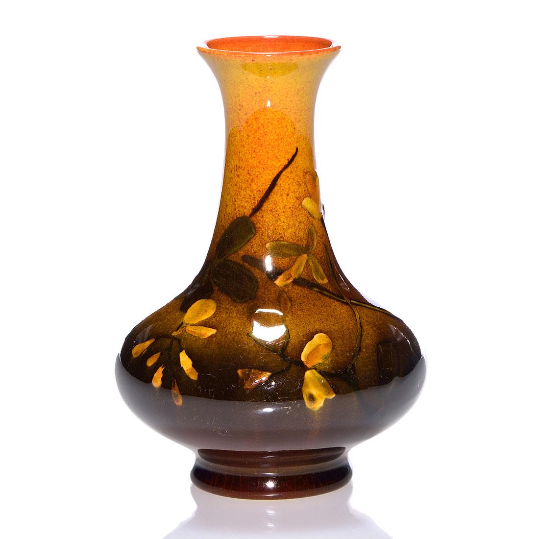 Rookwood Standard vase, floral, Cook, 1894,726E,4 1/2": Standard glaze vase decorated with branches having yellow blossoms painted by Daniel Cook in 1894. Marks include the Rookwood logo, which indicates the date, shape 726 E, an impressed W for White clay
