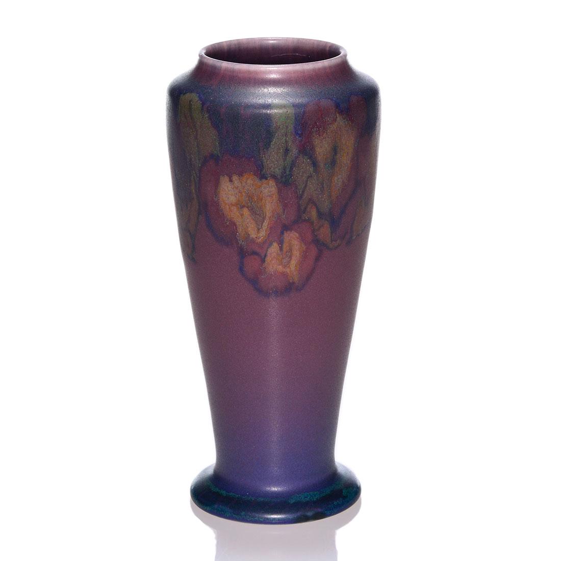 Rookwood Mat floral, Tischler, 1922, 1356 F, 6 inches: Mat glaze vase with floral decoration against a purple ground, the work of Vera Tischler in 1922. Marks include the Rookwood logo, date, shape 1356 F and Ms. Tischler's incised monogram. Excellent ori
