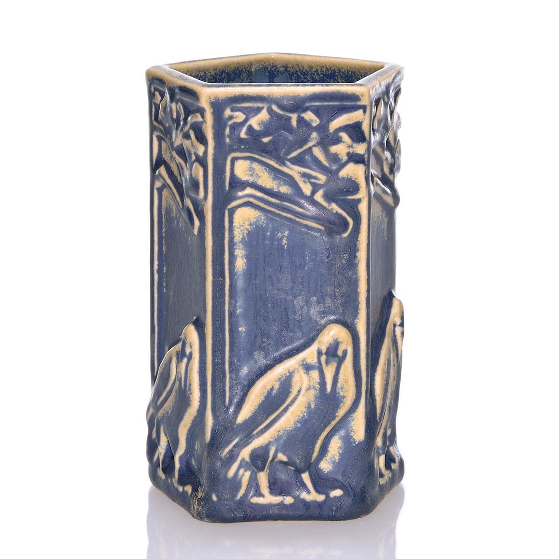 Rookwood Rook Pencil holder, blue and tan,1925, 4 3/4" (1 of 2)