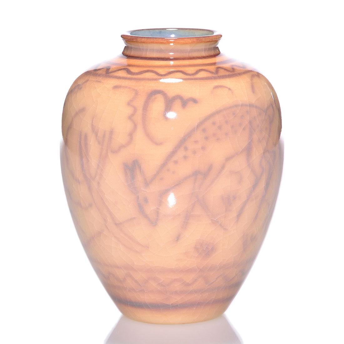Rookwood Porcelain vase, deer, Jensen, 1946, S, 6 1/4": Porcelain vase decorated with a pair of fawns amongst trees, the work of Jens Jensen in 1946. Marks include the Rookwood logo, date, S for special shape, and having 107 and Mr. Jensen's monogram in br