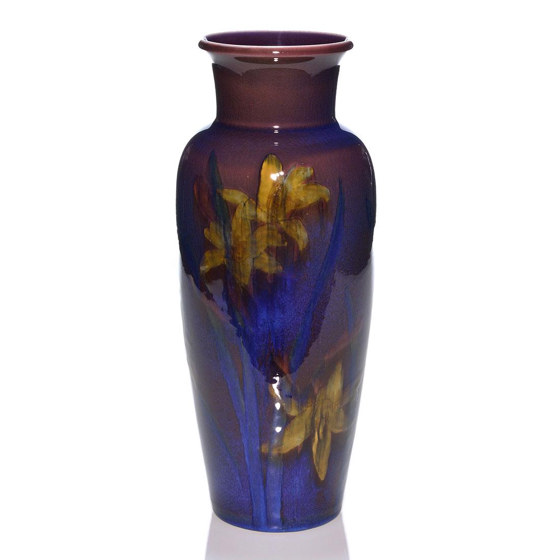 Rookwood Black Opal vase, lilies, Sax? ca 1925, 13 1/4": Rookwood Black Opal vase with day lily decoration, most likely done by Sara Sax in the mid 1920's. Neatly drilled through the bottom which has removed the date code, shape number and artist's signatur