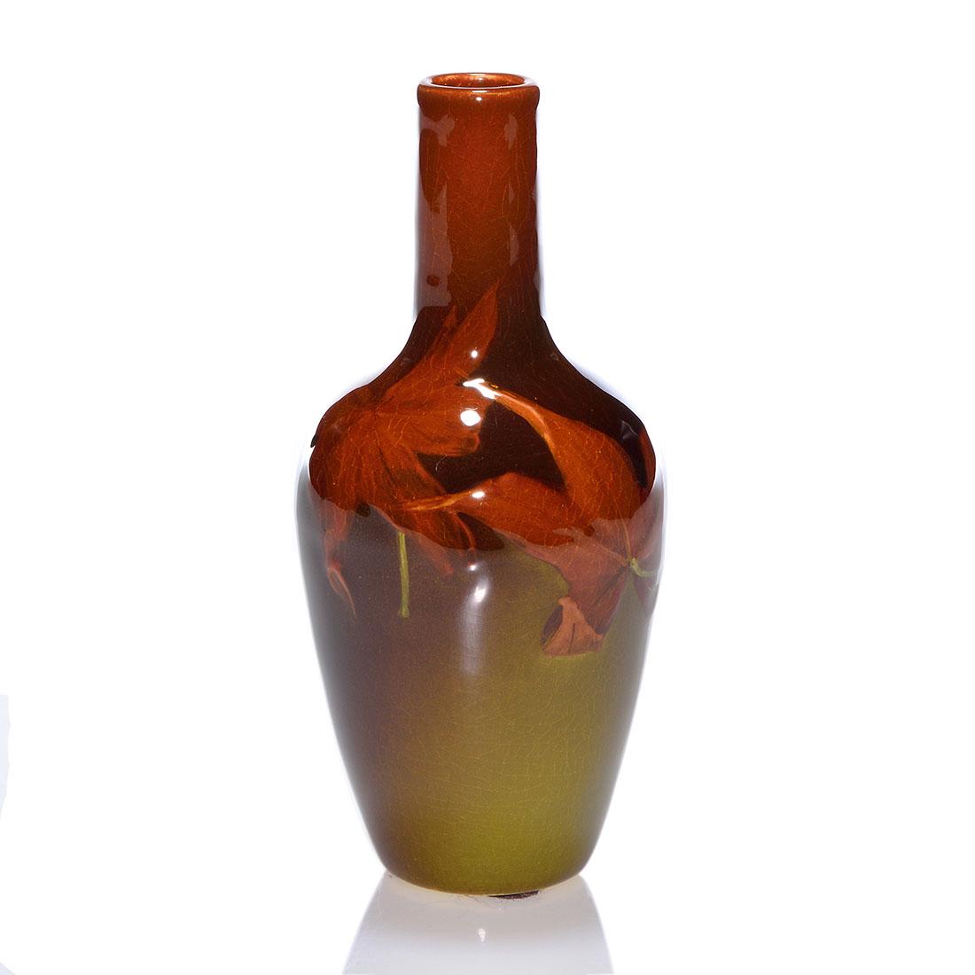 Rookwood Standard vase, Hall,1902,leaves,765 E, 5 1/2" (1 of 2)