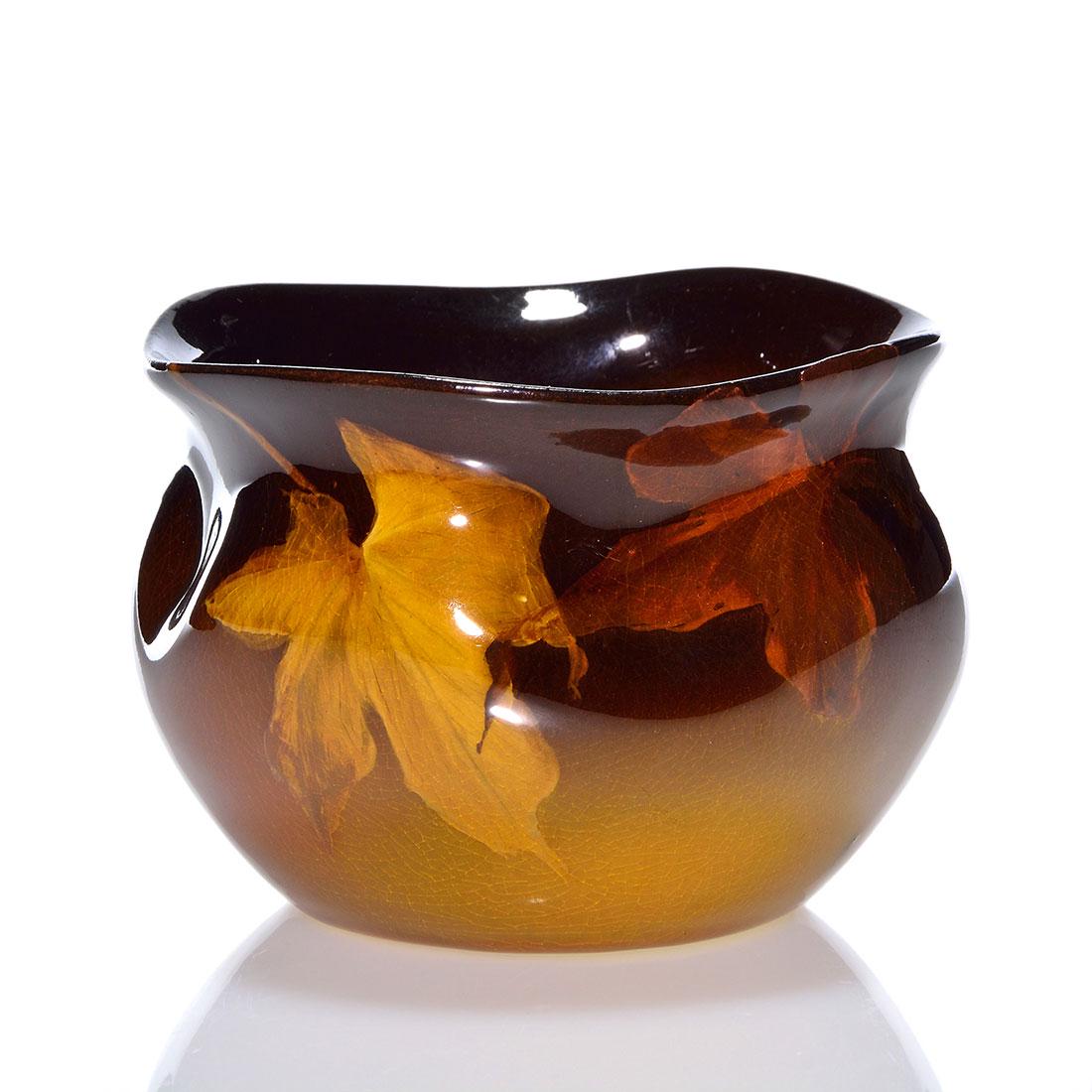 Rookwood Standard vase, Rothenbusch,1900,330, 2 3/4": Standard glaze vase decorated with fall leaves painted by Fred Rothenbusch in 1900. Marks include the Rookwood logo, which indicates the date, shape 330 and the artist's incised monogram. There is fin