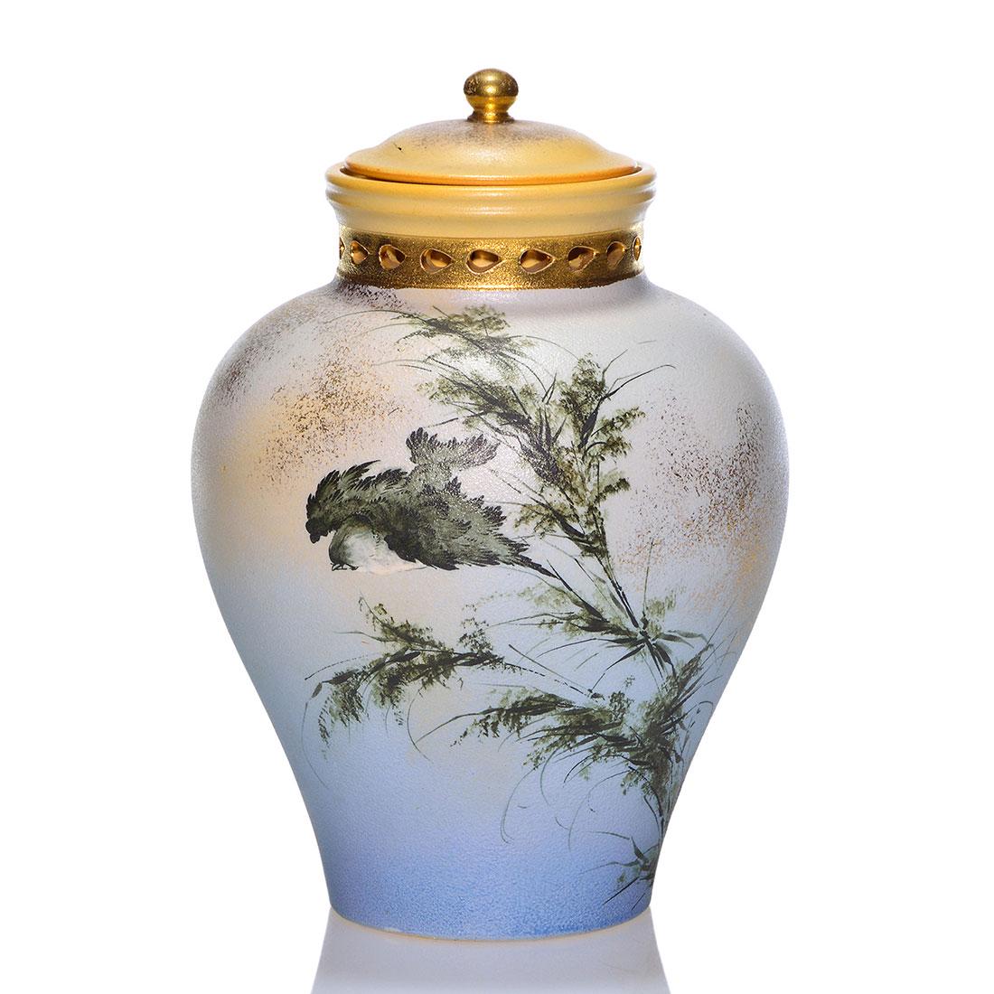 Rookwood Dull Finish scent jar, Daly, 1886, 237, 8 3/8": Dull Finish scent jar with reversible lid having a bird in flight and lots of fired on gold accents, the work of Matt Daly in 1886. Impressed ROOKWOOD, 1886, shape 237, Y for Yellow clay and incised w